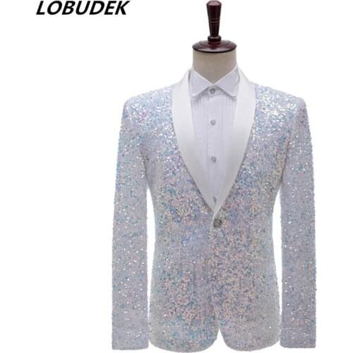 Formal Mens Blazer Green White Colorful Sequins Slim Fit Suit Coat Evening Host Singer Bar Nightclub Performance Tuxedo Blazers