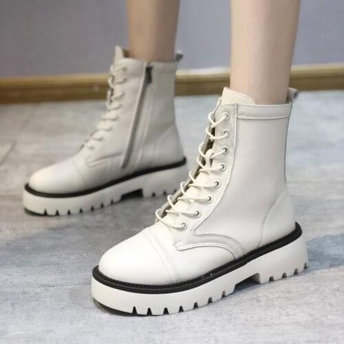 Black/white leather winter boots women lace up platform ankle botines mujer 2020 British punk knight booties female western bota