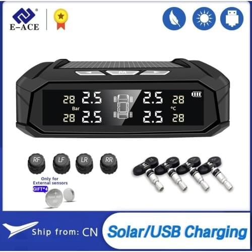 ACCEO Solar Power TMPS Car Tyre Pressure Monitoring System 4 Wheels USB Digital Display Auto Tire Pressure Sensor Security Alarm