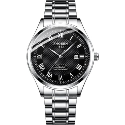 FNGEEN 5670 New Black Korean Trend Student Rome Steel Band Watch Mens Quartz Business Waterproof Mens gift