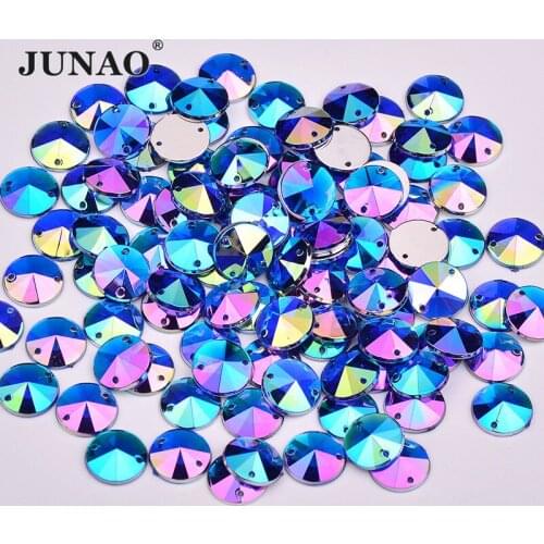 JUNAO 10mm 500pcs Blue AB Sewing Rivoli Rhinestones Flatback Sew On Stones Loose Strass Crystals for Needlework