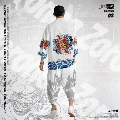 Carp Printed Couple Men Women Kimono Cardigan Traditional Casual Loose Thin Set Coat And Pants Asian Clothes Harakuju