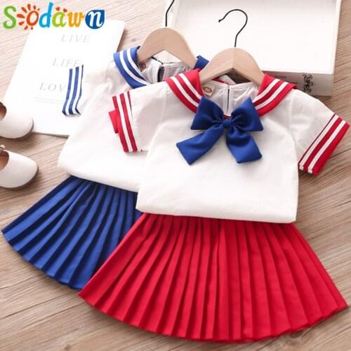 Sodawn 2020 New Summer Girl Clothes Sets 2Pcs Fashion Navy Short Sleeve +Skirt Kids Clothes Suit Cute Anime Toddler Clothes