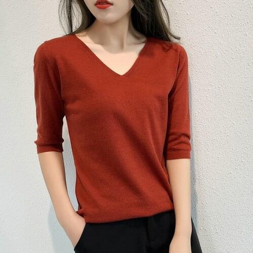 New style short-sleeved knitted cashmere five-point sleeves in the sleeves solid color slim thin multi-color pullover basic