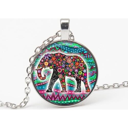 Bless Lucky Elephant Pattern Glass Pendant Necklace Color Elephant Picture Long Chain Man Woman Necklace Good Luck Charm Choker