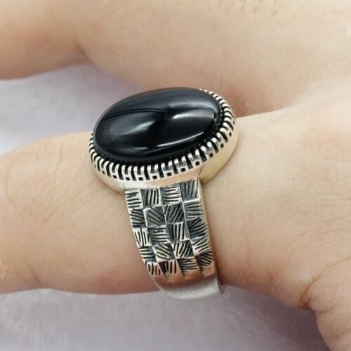 Turkey Black Men Ring 925 Sterling Silver Big Onyx Stone Ring Thai Silver Vintage Style Finger Ring for Male Women Punk Jewelry