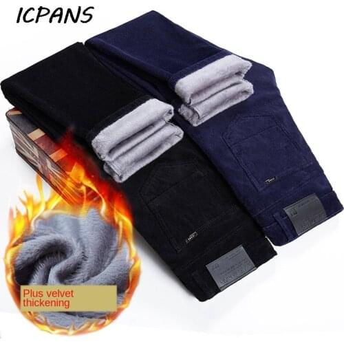 ICPANS Thicken Warm Winter Pants Men Black Straight Fleece Velvet Corduroy Mens Pants Trousers Slim Casual Pant 2020