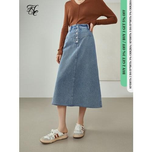 FANSILANEN 2021 Womens Denim Skirt High Waist A-line Skirt Buttoned Waist Denim Skirt Korean Fashion Clothing Women Calf Skirt