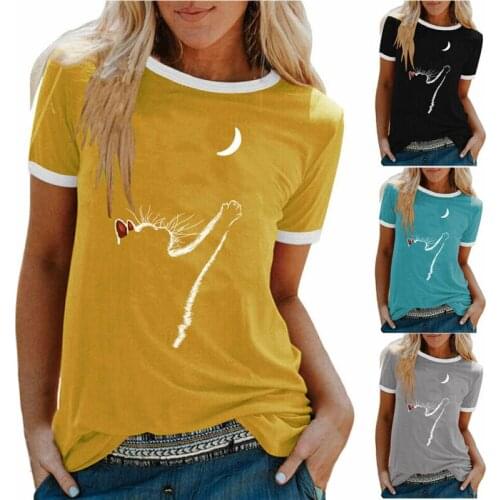 Women Cat Printed Short Sleeve T-Shirt Casual Top Ladies Summer Tee