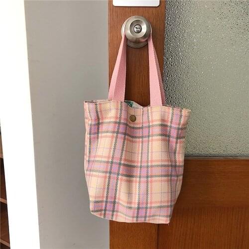 Women Shopping Bag Grocery List Design Ladies Cute Plaid Shoulder Bag Eco Canvas Handbag Reusable Polyester Cloth Fabric Tote
