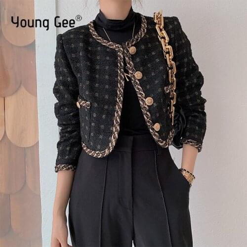 Young Gee Women 2020 Fashion Office Wear Single Breasted Tweed Blazer Coat Vintage Long Sleeve Short Frayed Outerwear Chic Tops