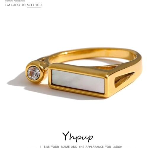 Yhpup Stainless Steel Wedding Ring for Women Exquisite Cubic Zirconia Natural Shell Finger Ring Accessories Bagues Pour Femme