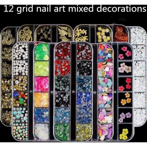 12 Grid Manicure Decorations Pearl Rhinestones Flat-bottomed Special-shaped Diamonds Hollow Ring Rivet Sequins Shell Pieces