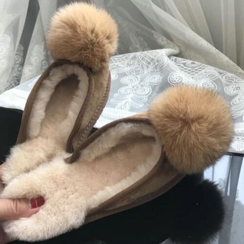 2021 Fox Fur Ball Sheepskin Slippers 100% Natural Wool Warm Slippers Flat Shearling Womens Home Shoes