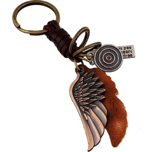 Punk Alloy Wing Cross Skull Fish Pendant Key Rings Genuine Leather KeyChain Gift Jewelry Making Accessories