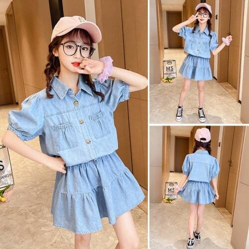 Girl Loose Denim Suit Skirt 2021 Teen Kid Short-sleeved Denim shirt + Cotton Skirt Comfortable Summer Vacation Suit For Students