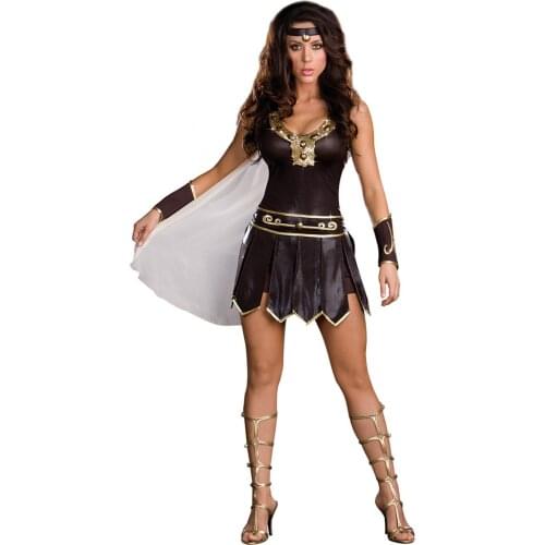 Free pp Sexy Brown Gladiator Warrior Greek Roman Queen Princess Costume Xena Spartan Cosplay Fancy Dress Plus Size S M L XL XXL