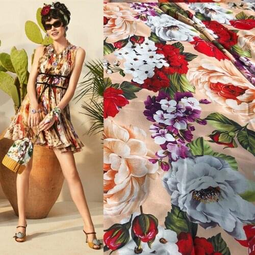 Italian Luxury Brand 100% Polyester Champagne Color Chiffon Fabric See-through Shirt Dress Printed Fabrics Per Meter Sewing