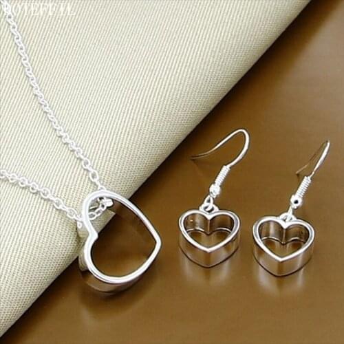DOTEFFIL 925 Sterling Silver 18 inch Chain Heart Necklace Earring Set For Women Wedding Engagement Party Jewelry