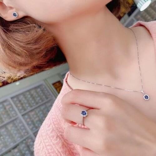 Genuine sapphire jewelry set for daily wear 4mm*5mm sapphire ring earrings pendant set 925 silver sapphire jewelry for wedding