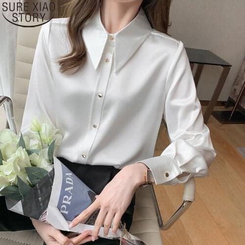 Korean Silk Women Shirts 2021 Satin Blouses Women Long Sleeve Shirts Woman Silk Shirt Tops Peter Pan Collar Satin Blouses 16824