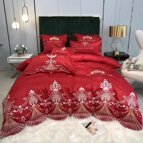 Red Princess Wedding Duvet Cover Bed Sheet Pillowcase 4pcs Golden Crown Embroidery Silky Soft Home Textile Bedding Set Luxury