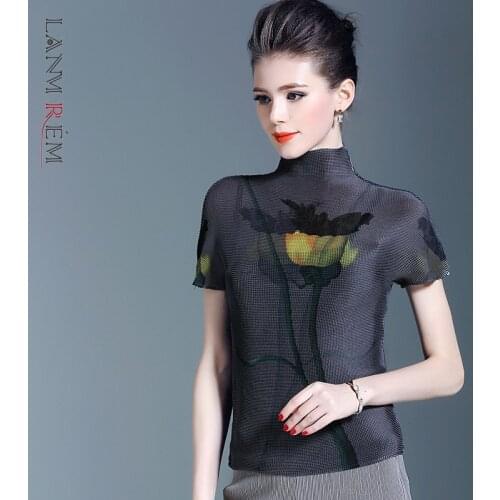 LANMREM / Japan Fashion printting pleated t-shirt for women 2021 summer new elastic high collar short sleeve Tee stretch YJ165