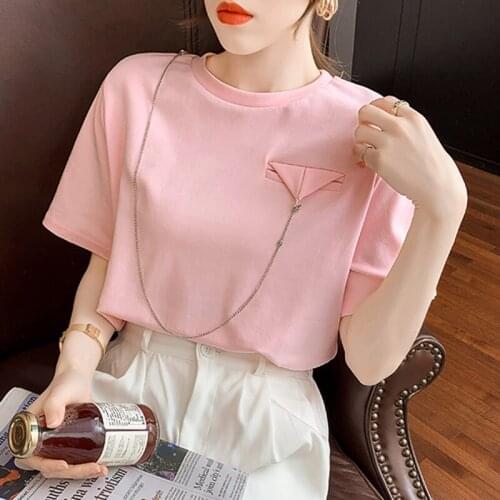 Lucyever Fashion Chain Designer T Shirt for Women 2021 Summer 100% Pure Cotton O-neck T-shirts Korean Chic Solid Woman Tees Top