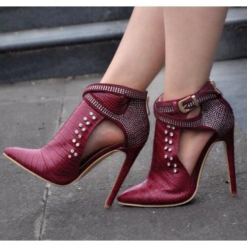 Fashion Burgundy Crocodile Leather Women Pointy Toe Ankle Buckles Ankle Boots Small Rhinestone Ladies Cut Out High Heel Boots