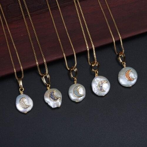 Multiple cz paved crescent new moon charm freshwater pearl bead chic gold link chain pendant choker necklace collier for women