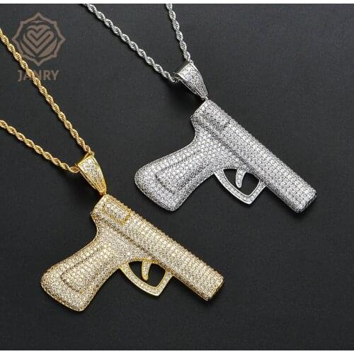 JANRY Hip Hop Mens Necklace Copper Model Full of Zircon Three-dimensional Exaggerated Large Model Pistol Pendant Necklace