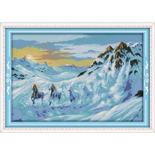 Horses Running in the Snow Mountain Cross Stitch Kit Accurate Printed Embroidery DIY Handmade Needle Work Home Decor Set Art