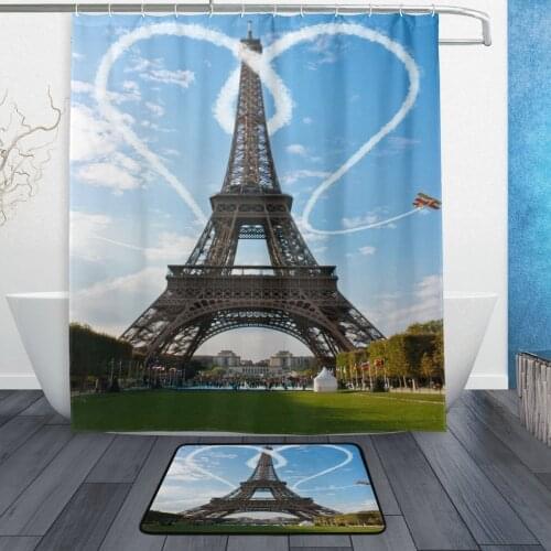 Paris Eiffel Tower Love Heart Sunset Waterproof Polyester Fabric Shower Curtain with Hooks Doormat Bath Floor Mat Bathroom Blue