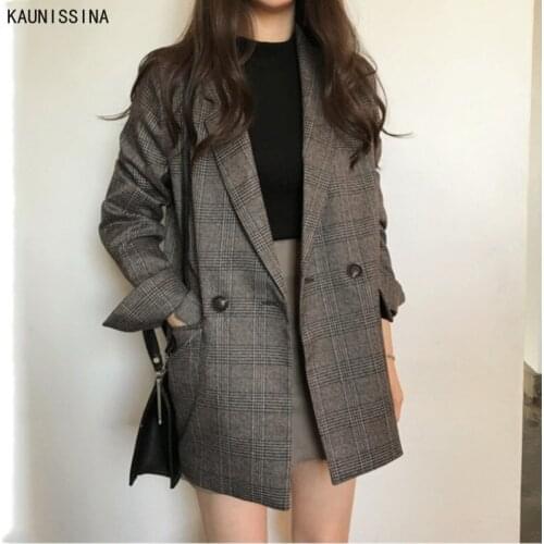 Womens Blazers England Style Autumn Winter Plaid Double Breasted Pockets Formal Jackets Notched Collar Outerwear Suit Jackets