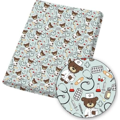 Polyester Cotton Fabric Doctor Bear Protection Theme Fabric for Sewing Dress Home Textile Cloth Bag Material 45*145cm 80g/pc