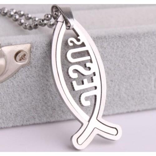 Silver color Jesus Fish 316L Stainless Steel pendant necklaces bead chain for men women wholesale