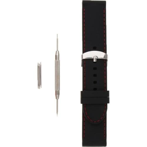 Silicone Rubber with Stitching Black Watchband 24mm Stainless Steel Buckle Replace Watch Bracelet