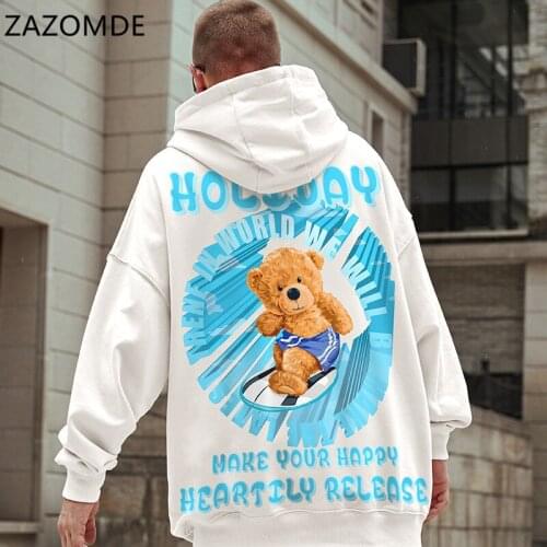 ZAZOMDE Fashion Casual Hoodie For Men Bear Print Warm Clothing Hoodies Fleece Streetwear Sweatshirt Hooded Male Oversized Hoody