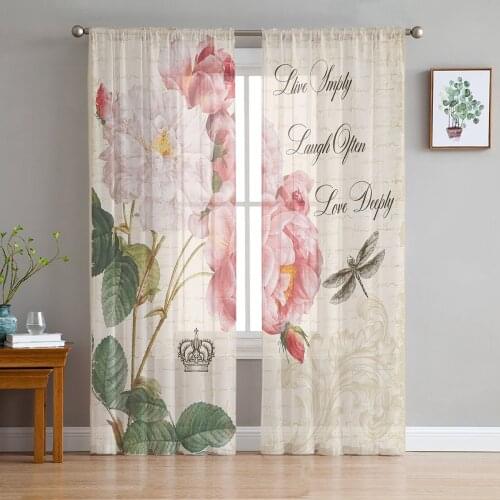 Dragonfly Crown Rose Flower Sheer Curtains for Living Room Bedroom Kitchen Tulle for Windows Voile Drapes Home Decoration