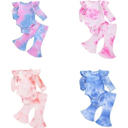 Newborn Colorful Spring Autumn Clothing Infant Baby Girls Boys Tie Dye Ribbed Clothes Set Long Sleeve Ruffled Bodysuits Pants