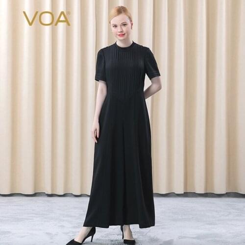VOA 60m/m Silk Heavy Elegant Half-high Collar Jacquard Stitching Natural Waist Classic Loose Wide-leg Jumpsuit KE312