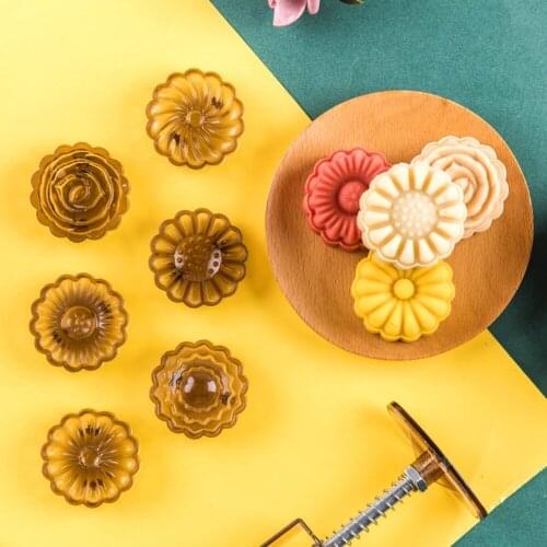 Oriental Pastry Classic Flower Shape Mooncake Mold Hand Pressure Fondant Moon Cake Decorating Tools Pastry Baking Tool 6pcs Set