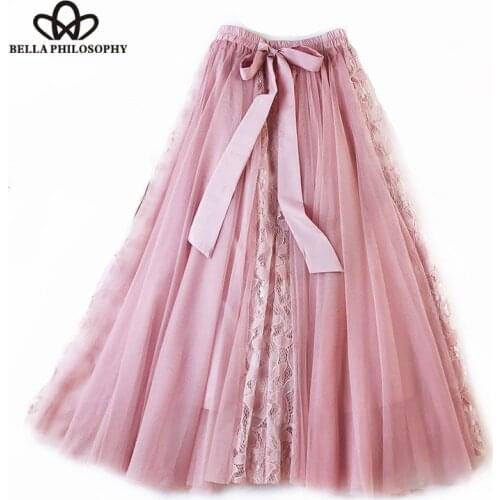 Bella Philosophy Spring Elastic Long Maxi Skirt Sweet Lace Female A-Line Skirts Vintage Lace-Up Lady Loose Skirt Bottoms 2019