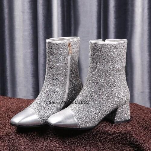Silver Square Toe High Heels Women Boots Autumn Female Glitter Chunky Heel Ankle Boots Fashion Female Shoes