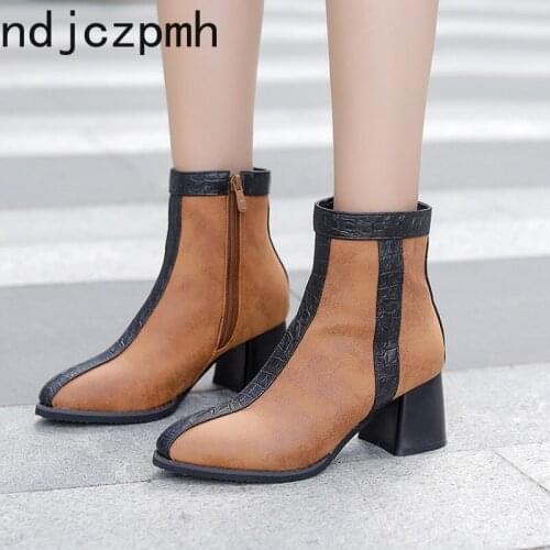 Ankle Boots The New Winter Fashion Color Matching Pointed Zipper Thick Heel Mid Heel Short Tube Women Shoes Plus Size 32-48