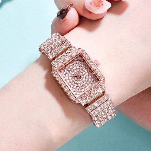 Ladies Luxury Square Dial Steel Strap Diamond Quartz Watch Analog Wristwatch