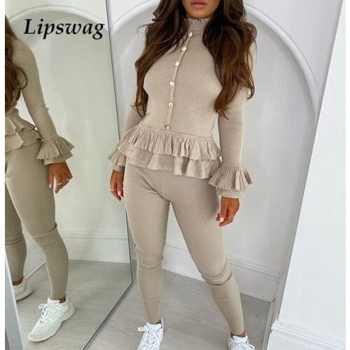 2 Piece Set Women Button Turtleneck Pullover Tops Casual Long Flare Sleeve Outfits Lady Skinny Pants Ribbed Knit Suit Tracksuits