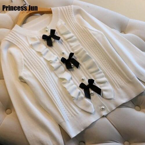 Sweet Girl Blach White Bowknit Cardigan with Wooden Ears Women Knit Slim Sweater Elegant Pearl Buttons Knitwear Long Sleeve Top