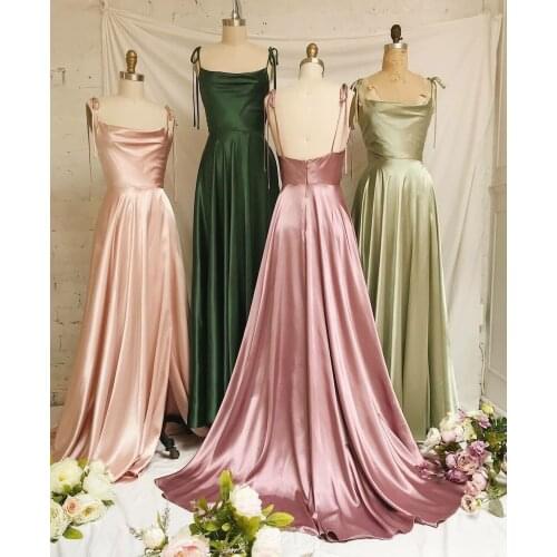 Sexy Long A-Line Cowel Neck Evening Dresses with Pockets Spaghetti Open Back Satin Abendkleid Robes de Soirée for Women