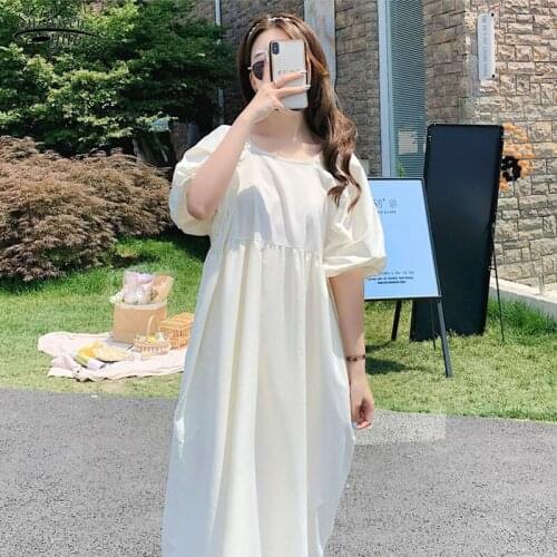New Summer Bow Long Dress 2021 Plus Size Korean Womens Puff Sleeve Dress Fashion casual Loose Womens Dress Vestidos 15354